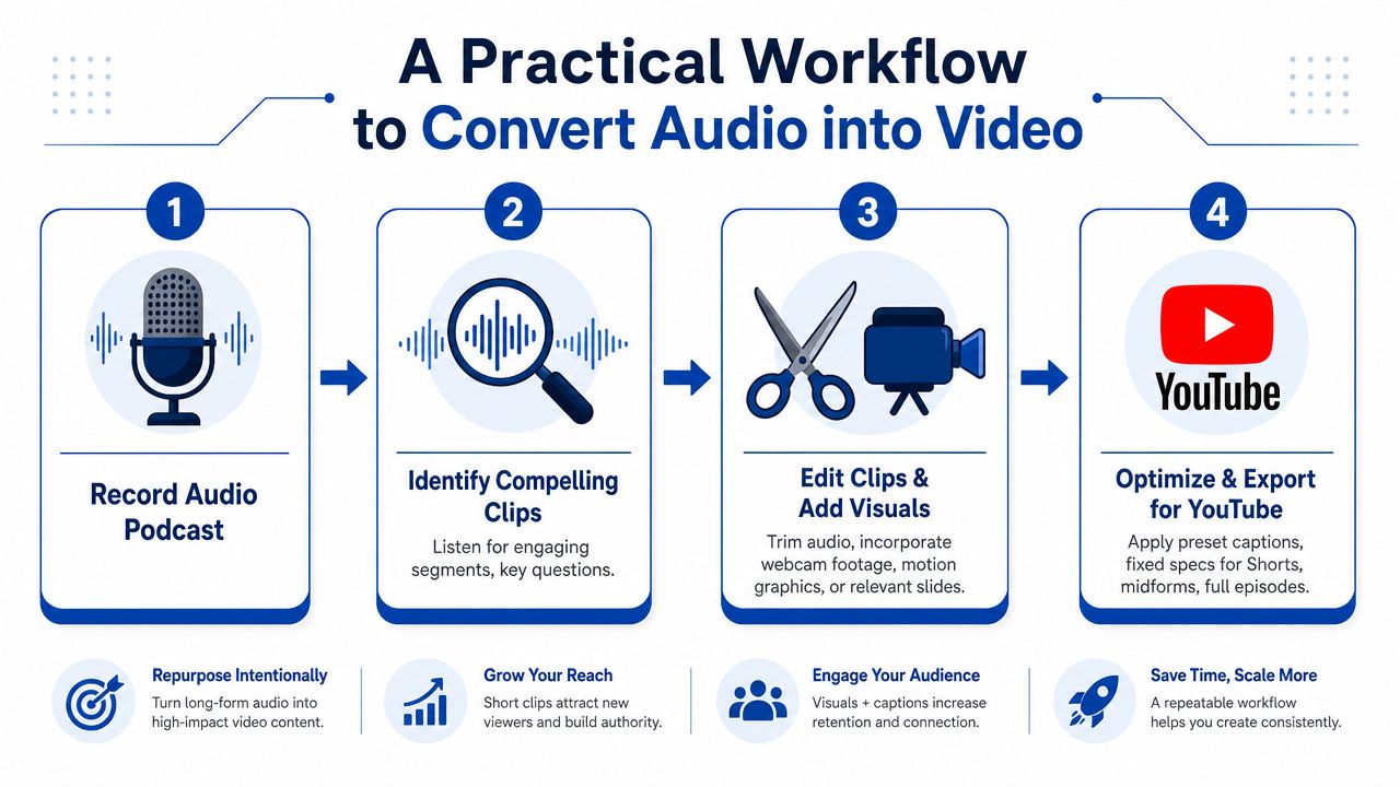 A four-step infographic illustrating a practical workflow for converting podcast audio into engaging YouTube video content.
