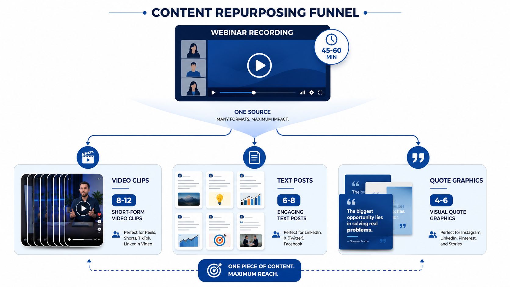 A diagram illustrating the content repurposing funnel from a webinar recording into videos, posts, and graphics.