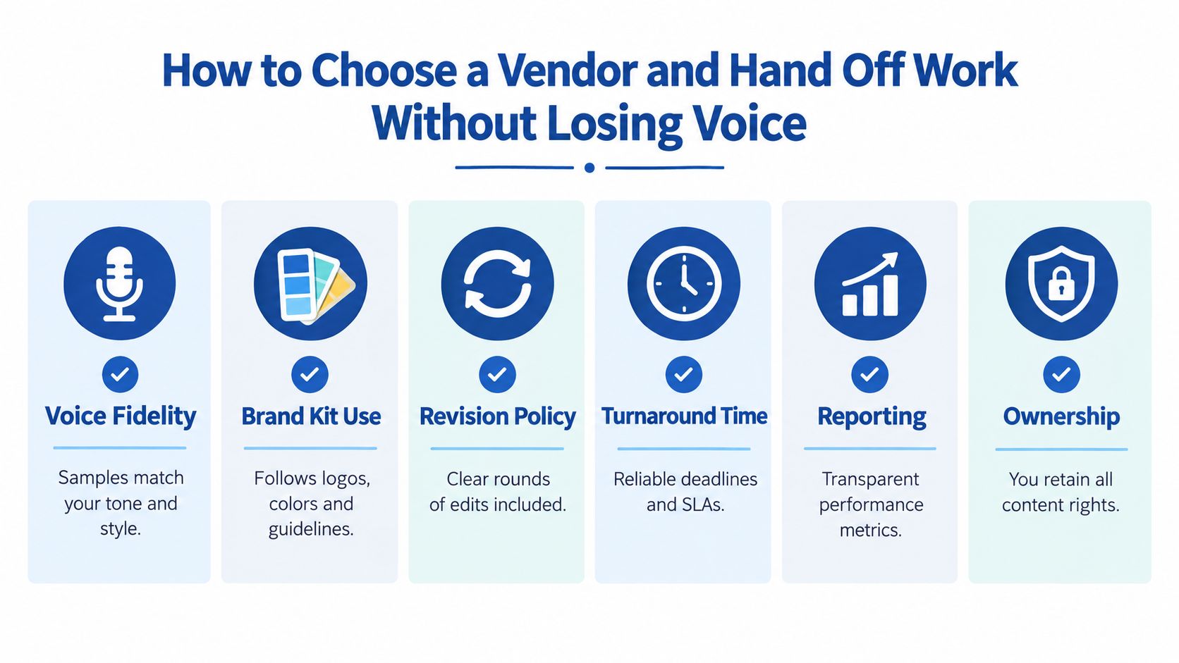 A graphic titled How to Choose a Vendor and Hand Off Work Without Losing Voice featuring six criteria.