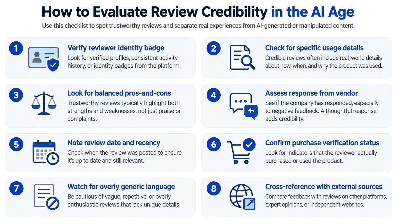 A checklist infographic titled How to Evaluate Review Credibility in the AI Age with eight points.