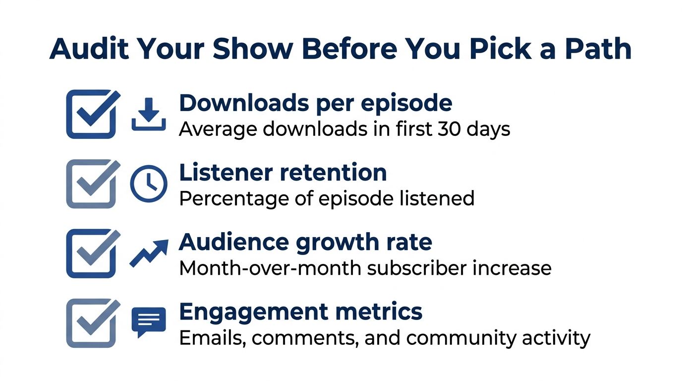 A checklist infographic listing four key metrics to audit for your podcast before choosing a growth path.