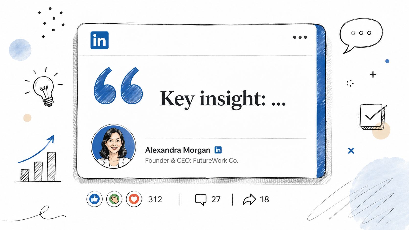 A LinkedIn social media post template featuring a placeholder for key insights and an executive profile.