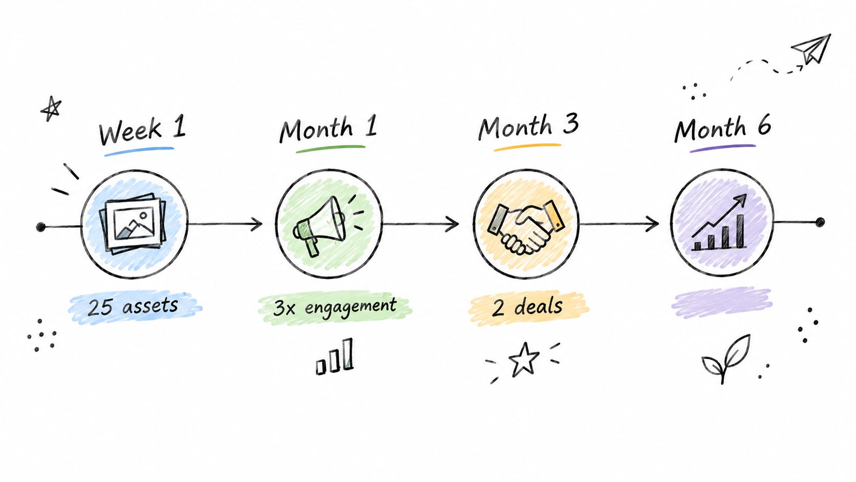 A sketched timeline infographic illustrating business growth milestones from week one to month six.