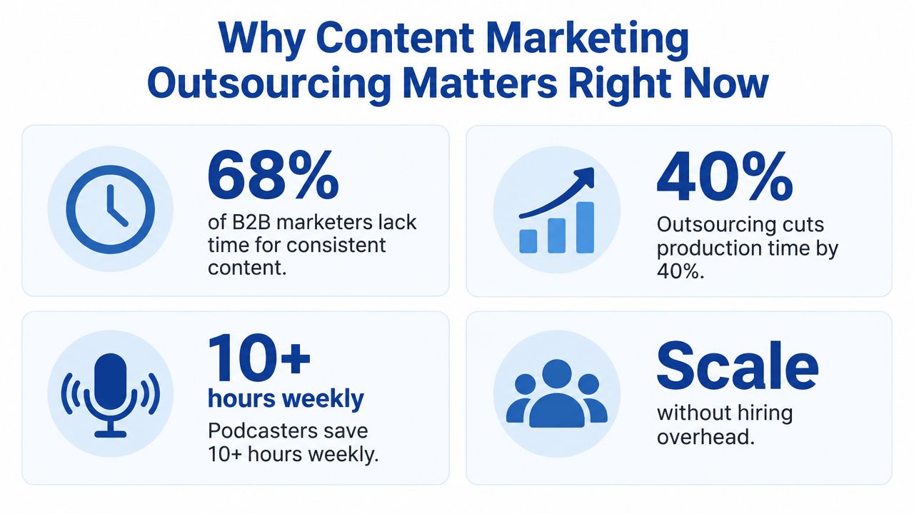 An infographic titled Why Content Marketing Outsourcing Matters Right Now highlighting key statistics and benefits for businesses.