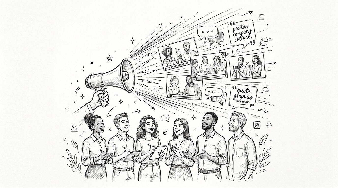 A line art illustration showing a megaphone broadcasting video content and quotes to a group of engaged employees.