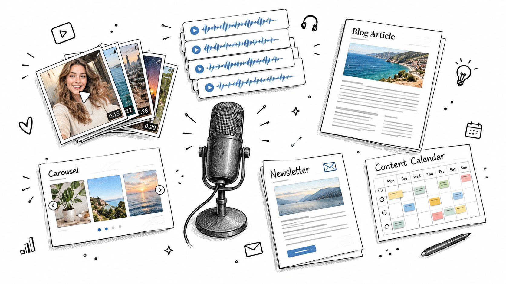 A hand-drawn illustration depicting various content marketing elements including video clips, audio tracks, a blog, newsletter, and calendar.