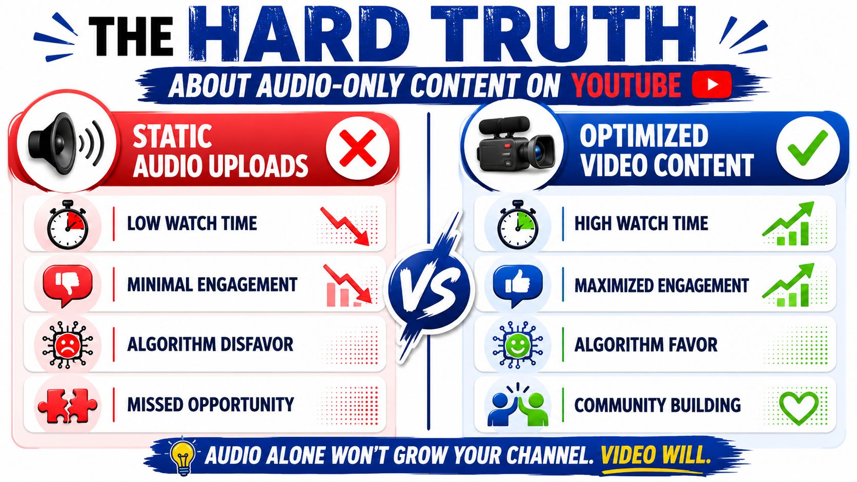 A comparison chart showing why optimized video content performs better than static audio uploads on YouTube.