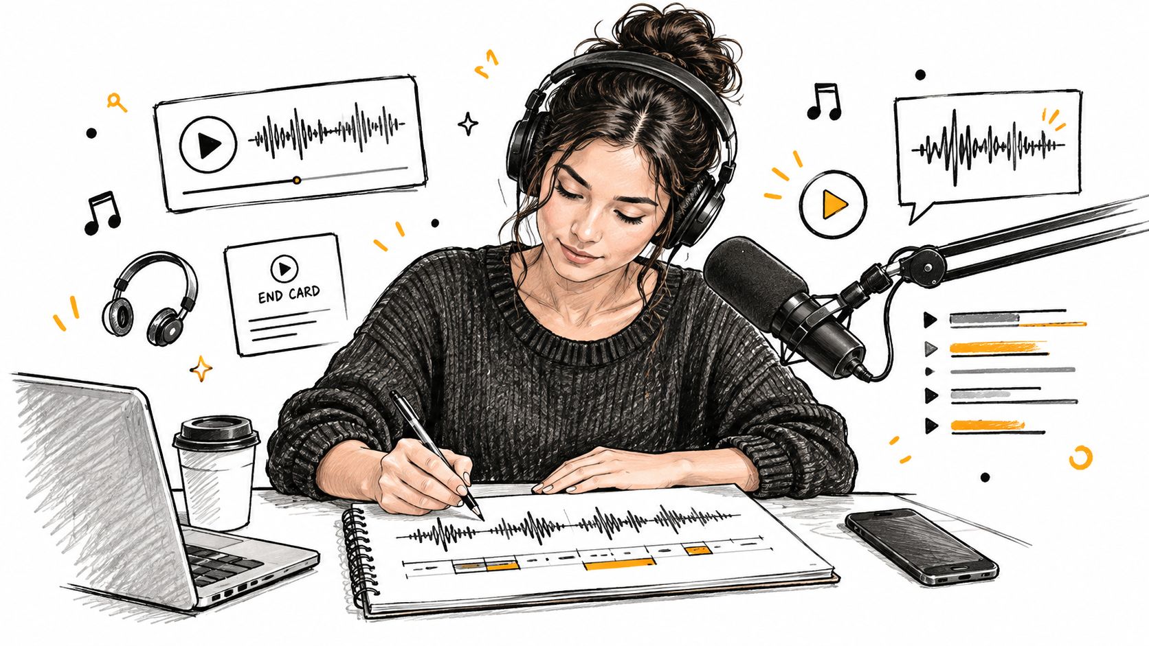 A woman wearing headphones sketches an audio waveform in a notebook while recording a podcast with a microphone.