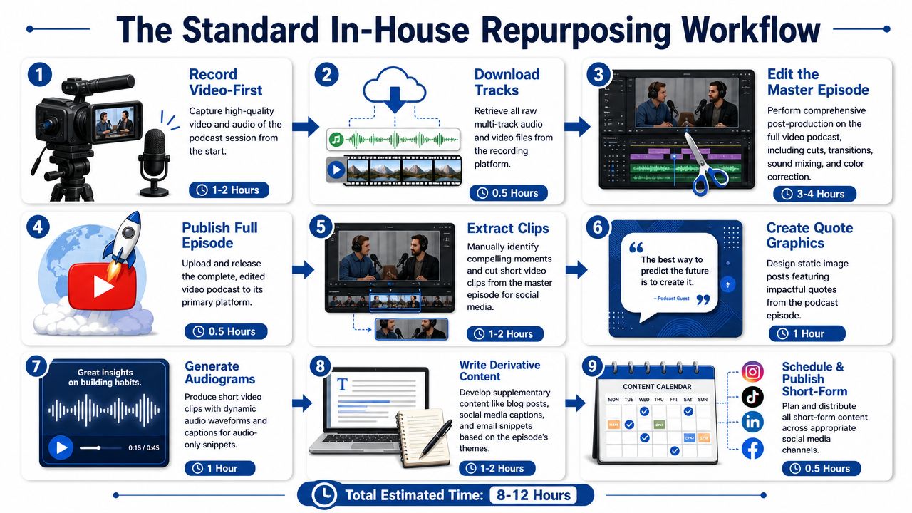 A nine-step infographic illustrating the professional workflow for repurposing video podcast content into various social media formats.