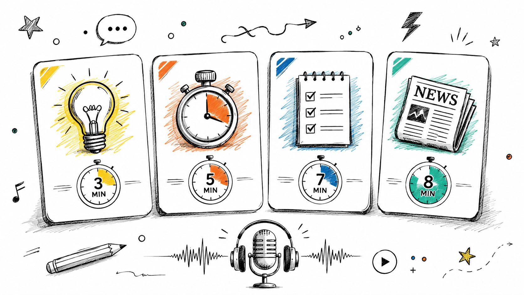 A hand-drawn illustration showing four cards with icons of a lightbulb, stopwatch, checklist, and newspaper, each labeled with a specific minute duration.