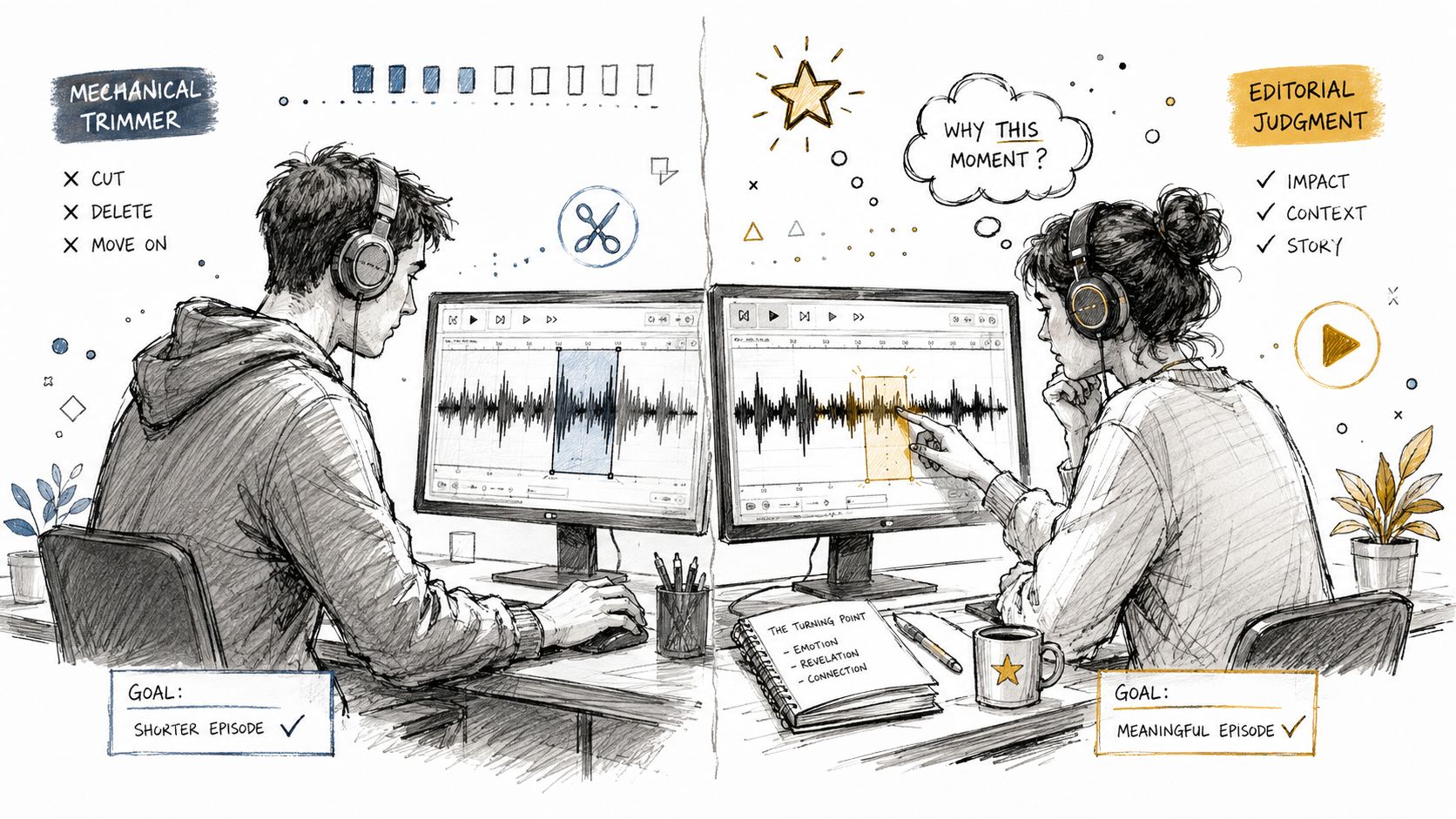 A digital illustration comparing two different approaches to editing a podcast using audio waveform software.
