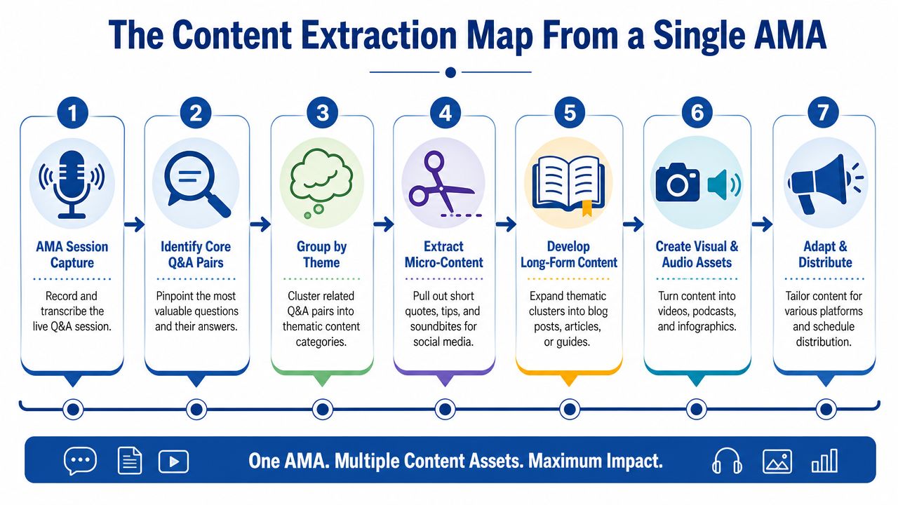 A diagram illustrating the seven-step process to transform a single AMA session into multiple content assets.