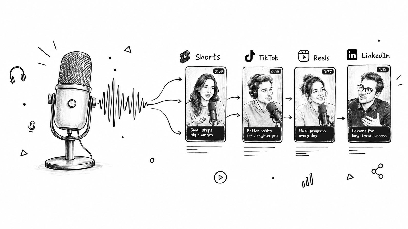 An illustration showing how to repurpose long-form podcast content into short social media clips for platforms.
