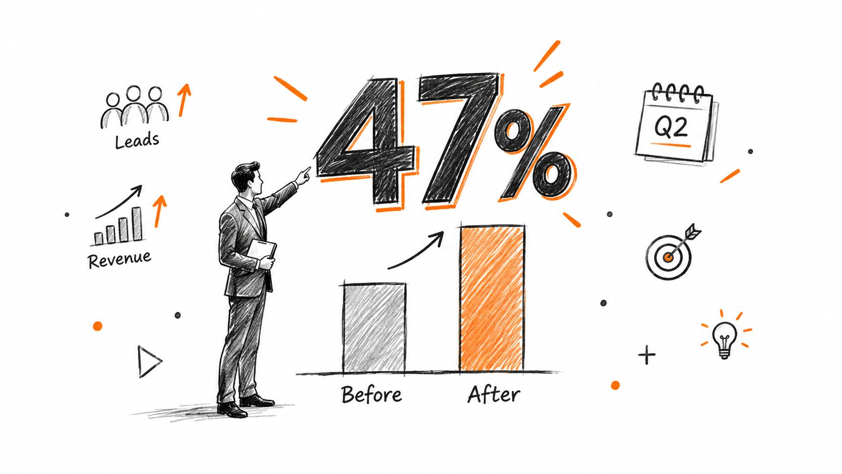 A professional man pointing to a growth chart highlighting a 47 percent increase in business results.