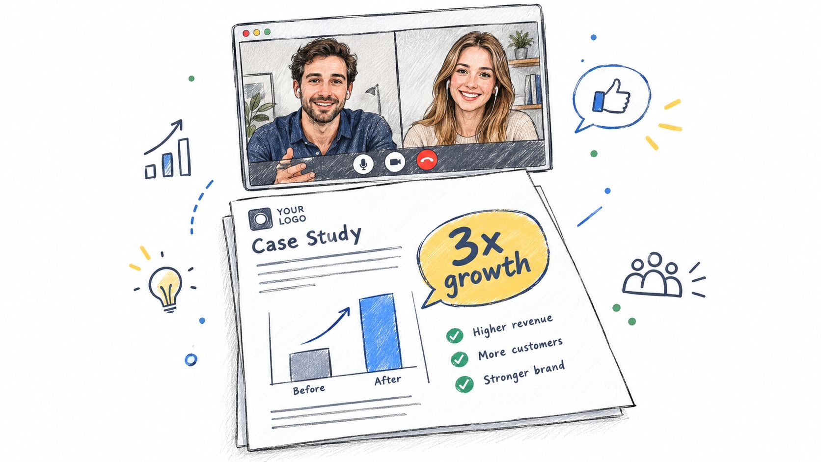 A digital illustration showing a video conference call discussing a business case study with 3x growth results.