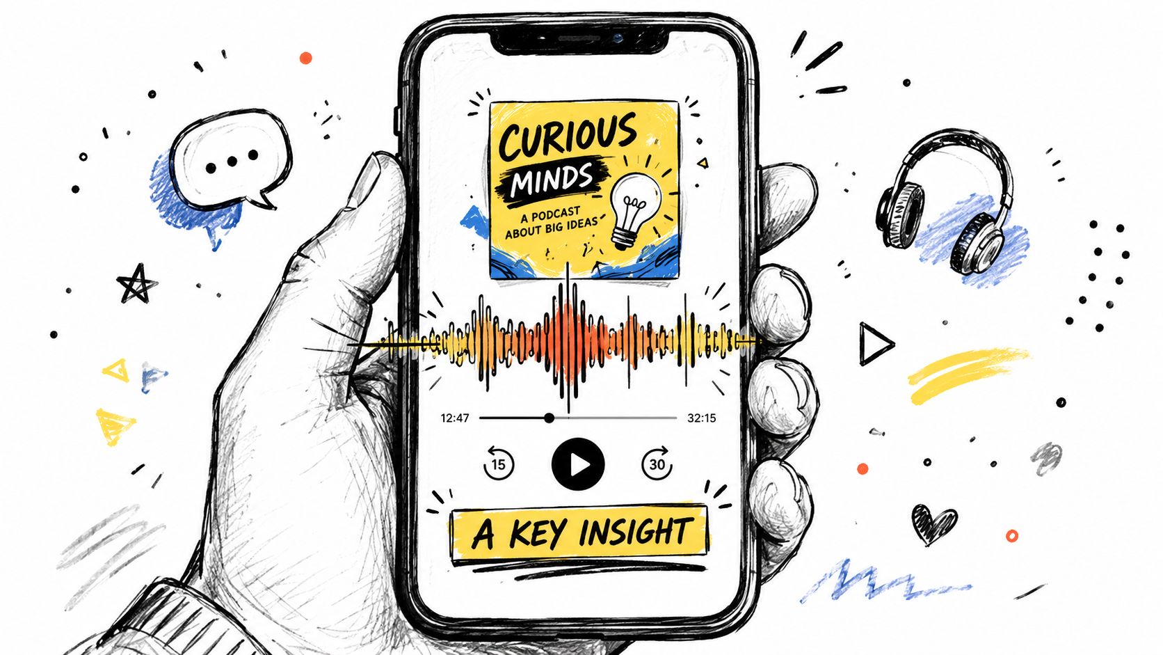 A hand-drawn illustration of a smartphone displaying a Curious Minds podcast player with a waveform and controls.