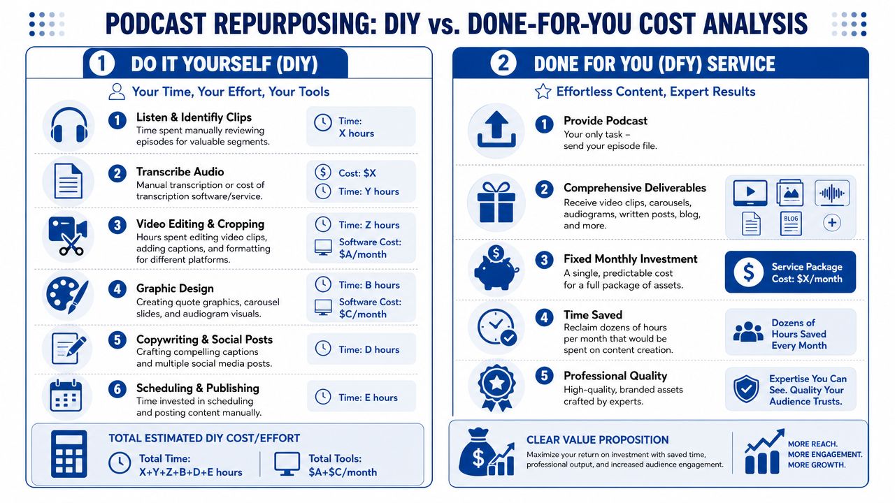 A comparison infographic showing the cost and time analysis between DIY podcast repurposing versus hiring a professional service.