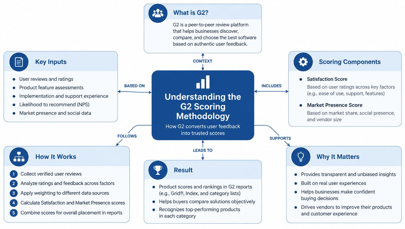A diagram explaining the G2 scoring methodology, illustrating how user feedback is processed into trusted software ratings.