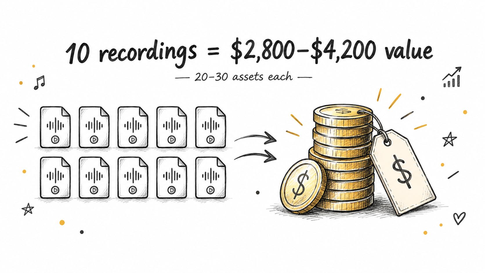 A hand-drawn illustration showing ten audio recordings being converted into a stack of gold coins worth thousands.
