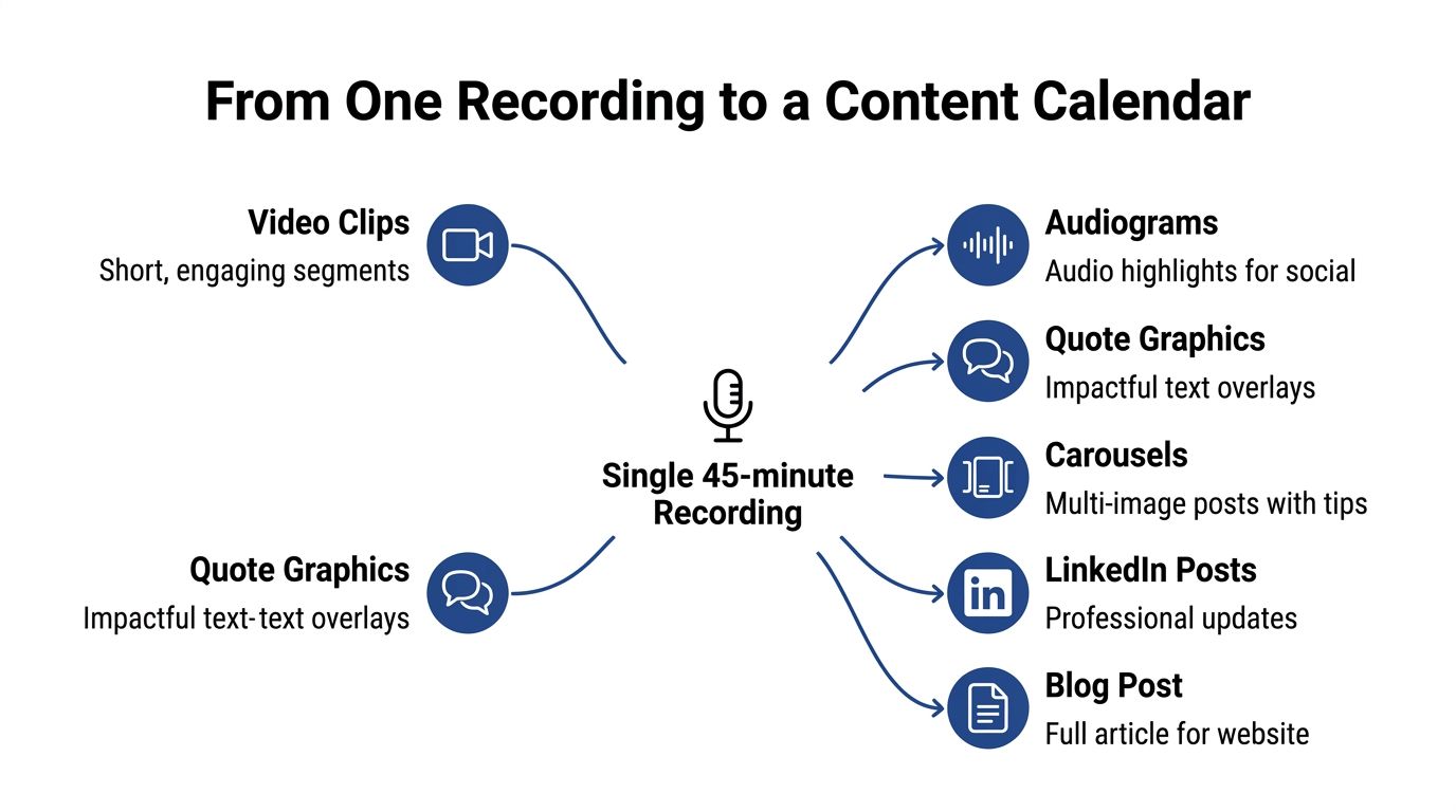 A diagram illustrating how a single forty-five minute recording can be repurposed into multiple types of social content.