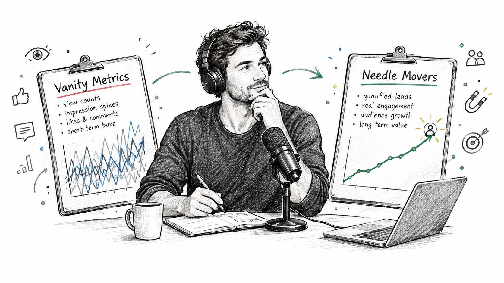 A podcast creator analyzing vanity metrics and needle movers for social media growth at his desk.