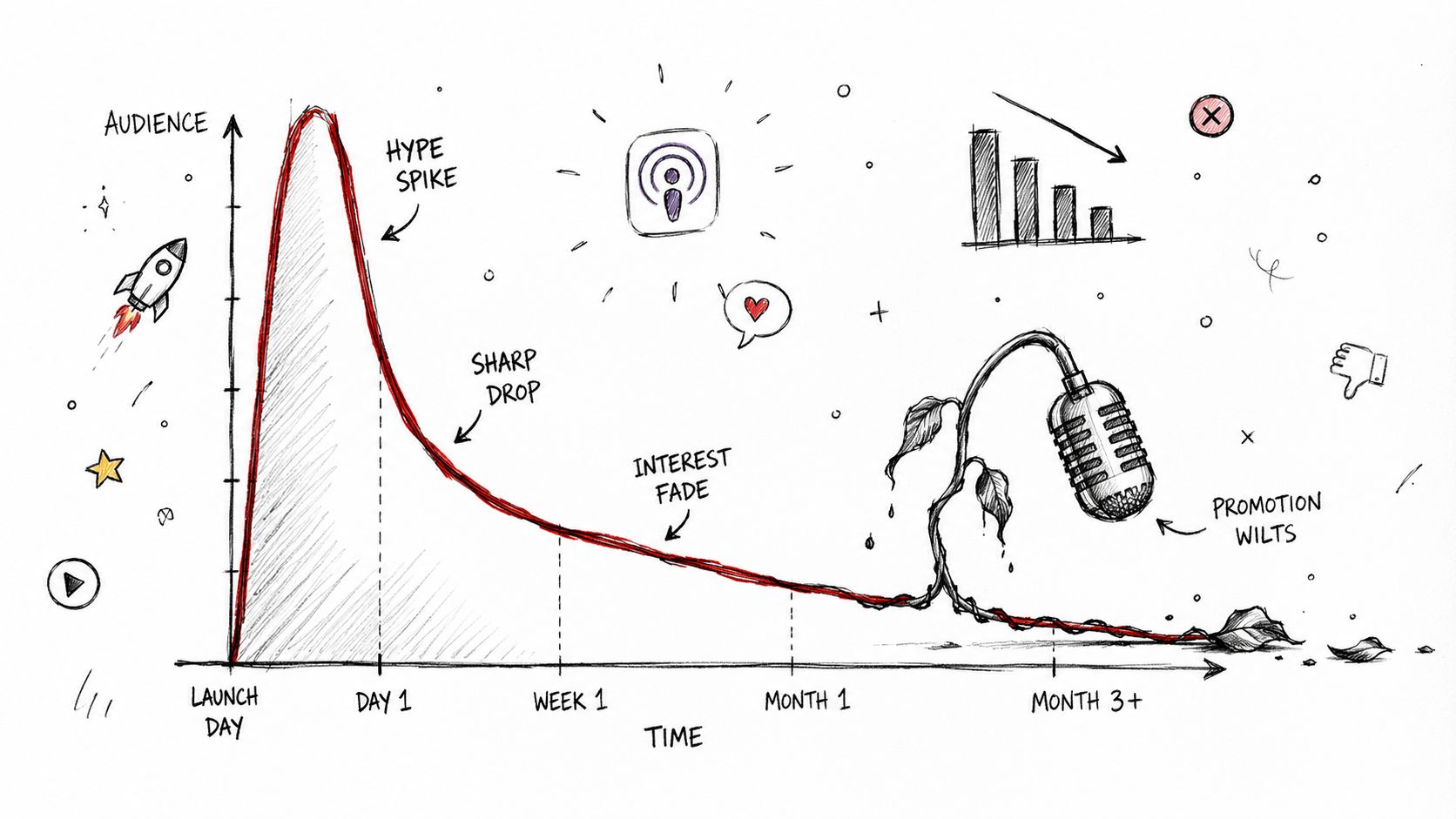 A hand-drawn illustration showing a sharp decline in podcast audience engagement over three months post-launch.