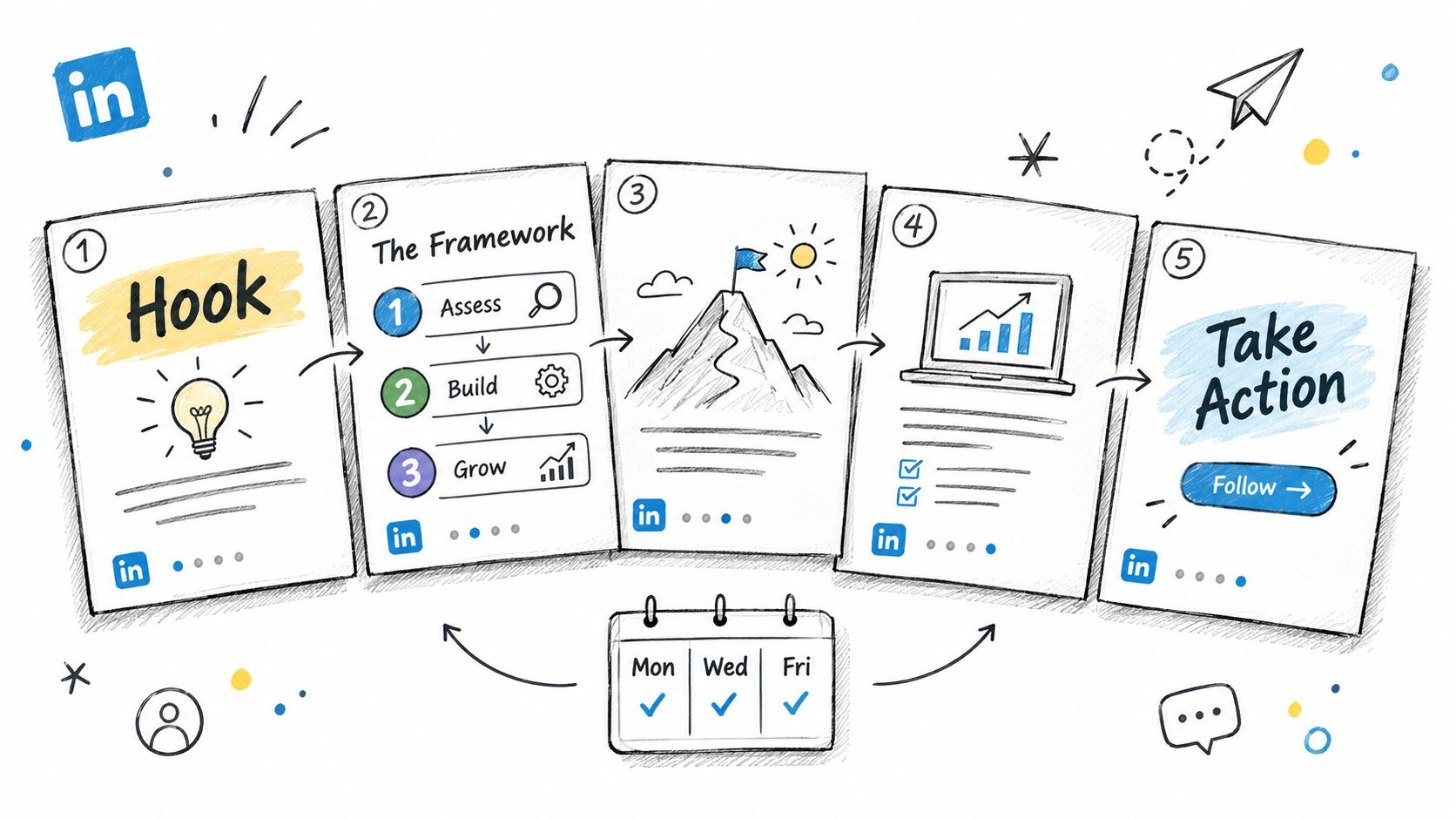 A hand-drawn five-step infographic illustration explaining a LinkedIn strategy playbook, including framework, growth, and action steps.
