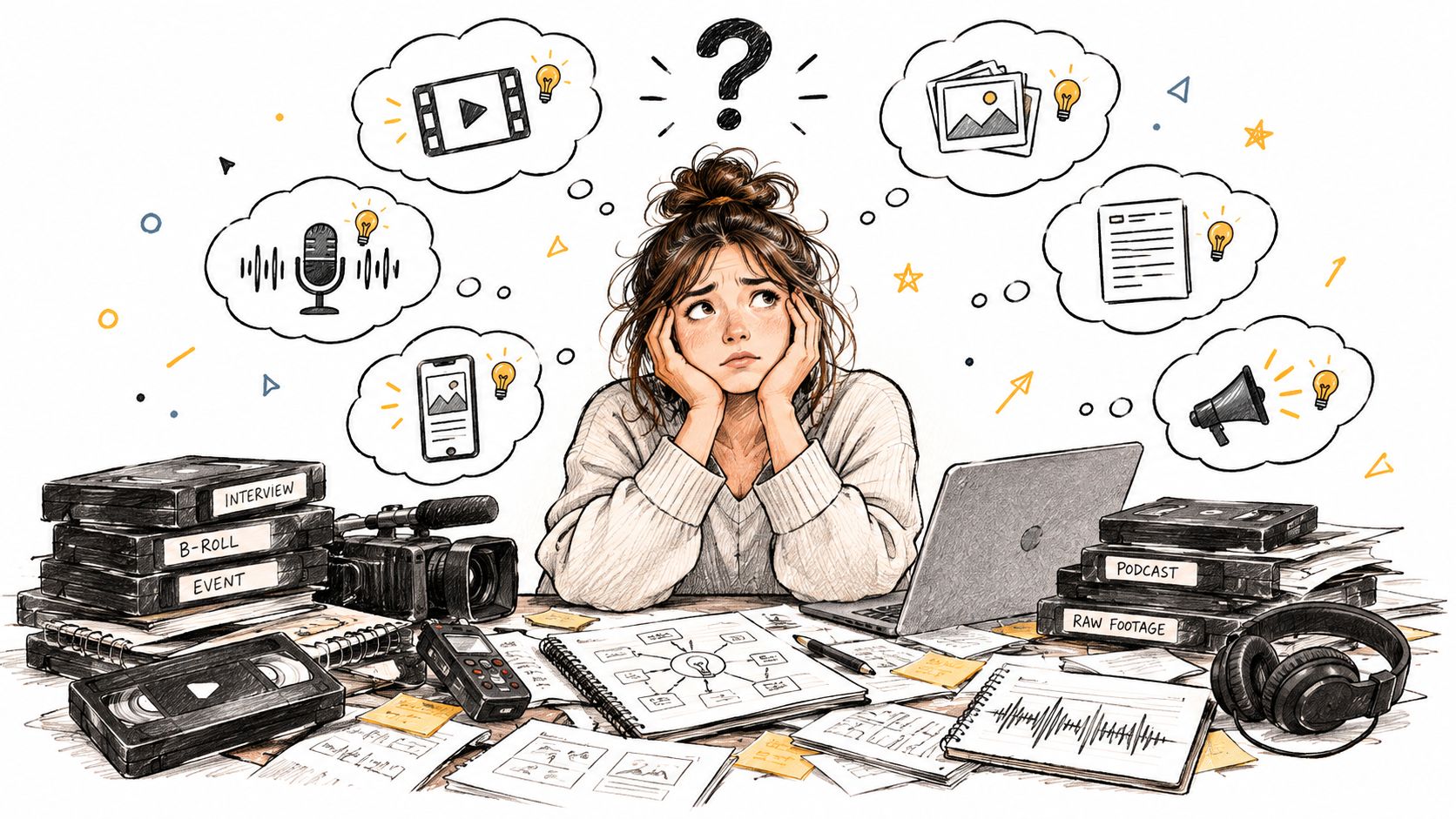 A woman looks stressed while surrounded by scattered video tapes, notebooks, and equipment representing creative content production.