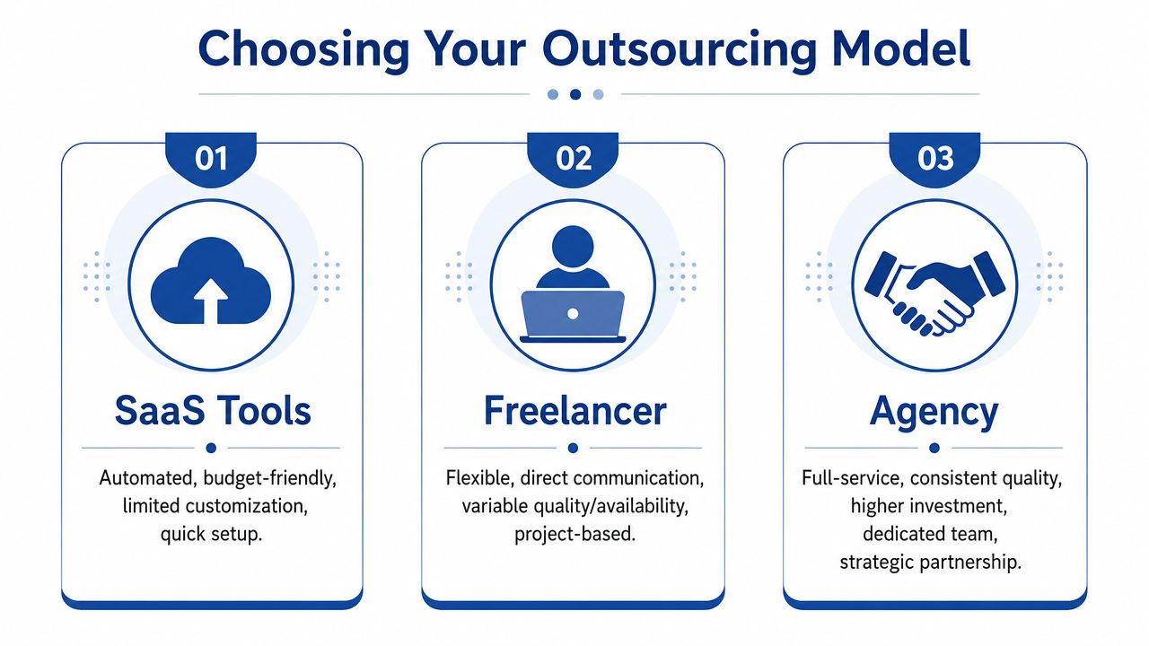 A diagram illustrating three outsourcing models: SaaS Tools, Freelancer, and Agency, highlighting their pros and cons.