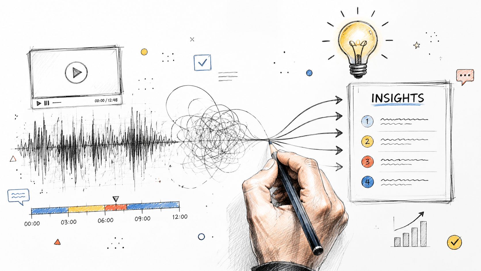 A hand drawing connections from raw audio and video data to organized business insights on paper.