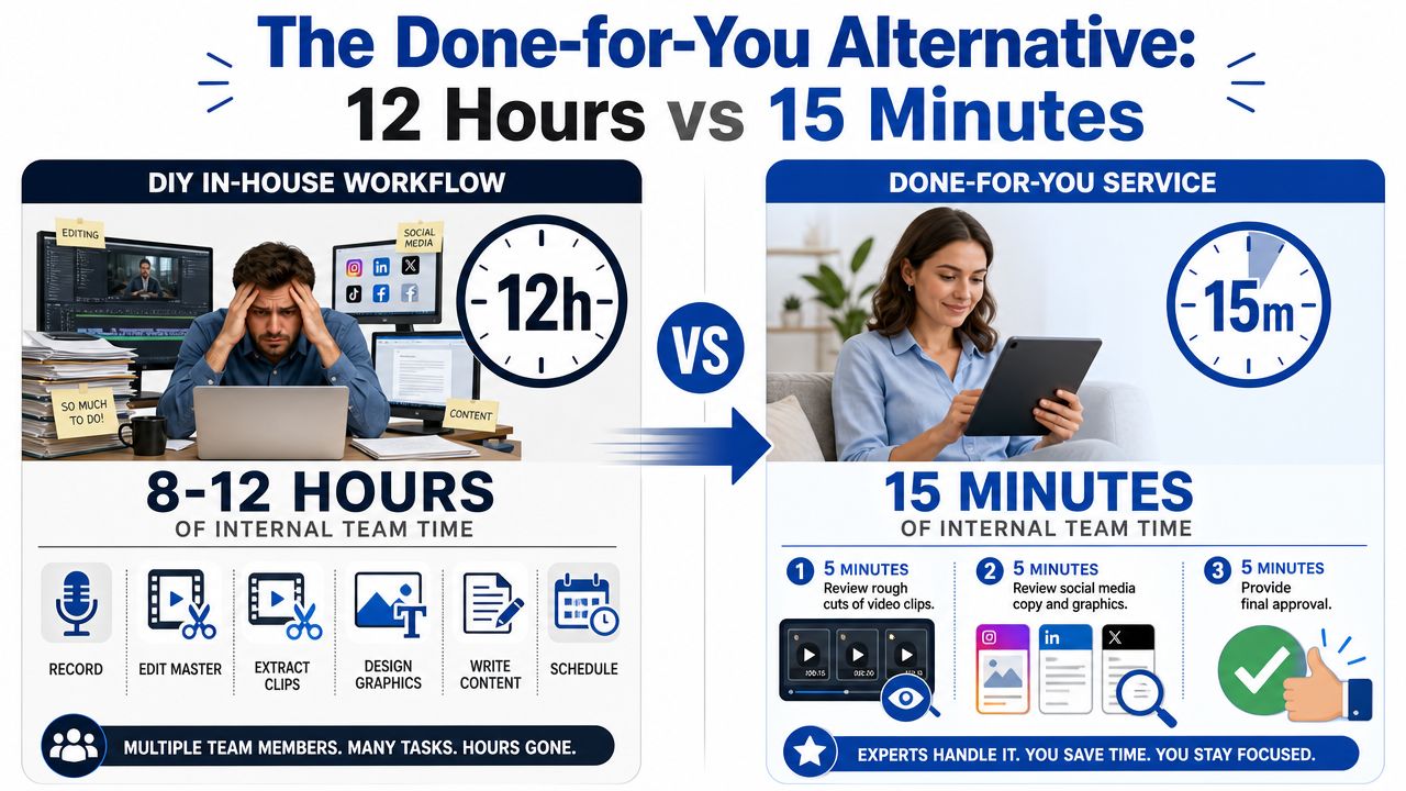 An infographic comparing a 12-hour manual video content workflow to a 15-minute done-for-you service process.