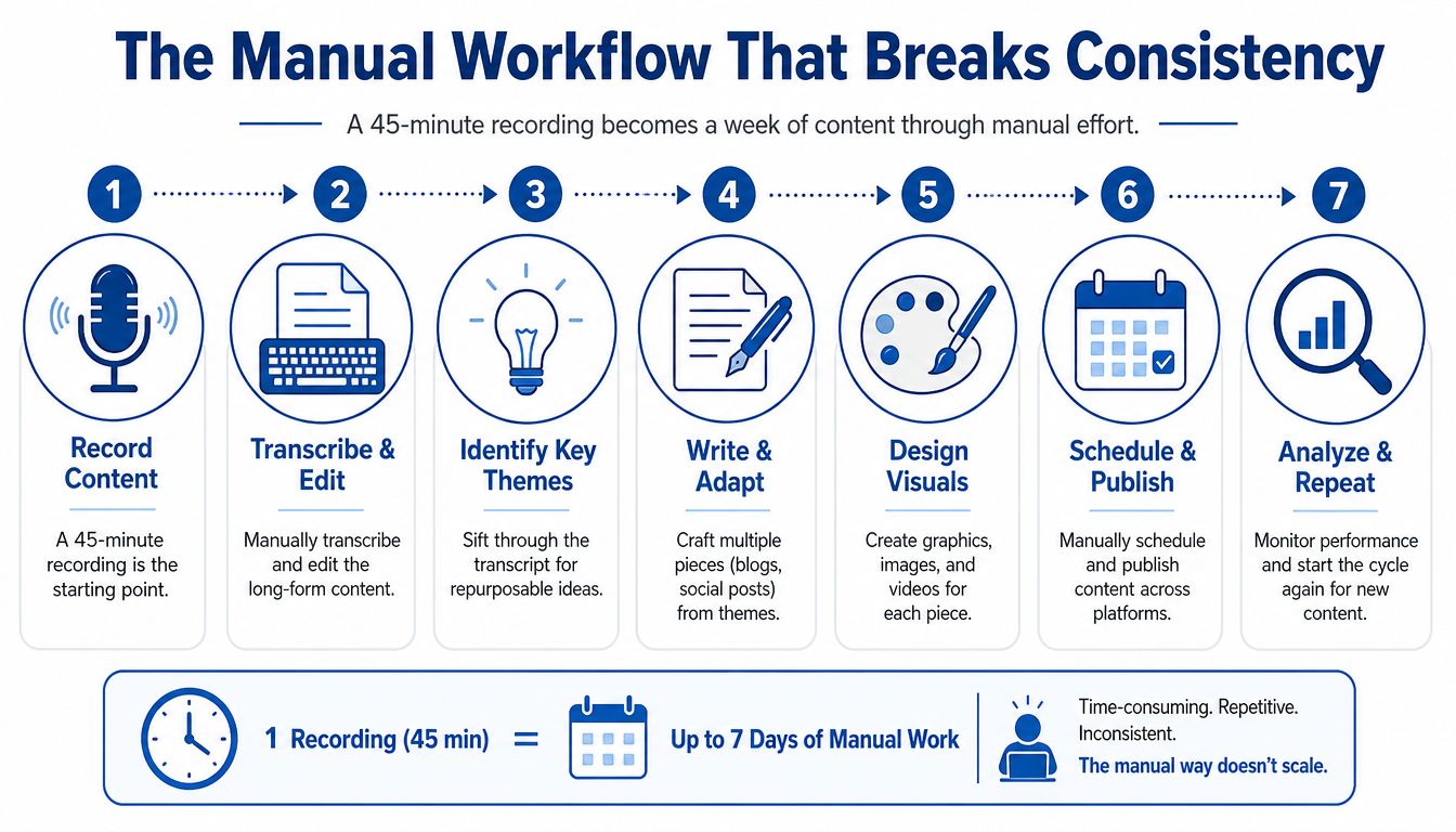 A diagram illustrating a seven-step manual workflow process for repurposing 45-minute content recordings into weekly content.