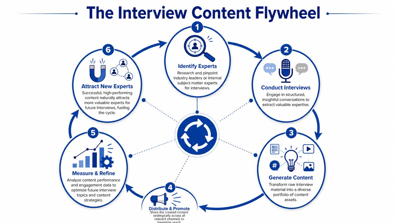 A circular diagram illustrating a six-step interview-based content marketing strategy, from identifying experts to measuring results.