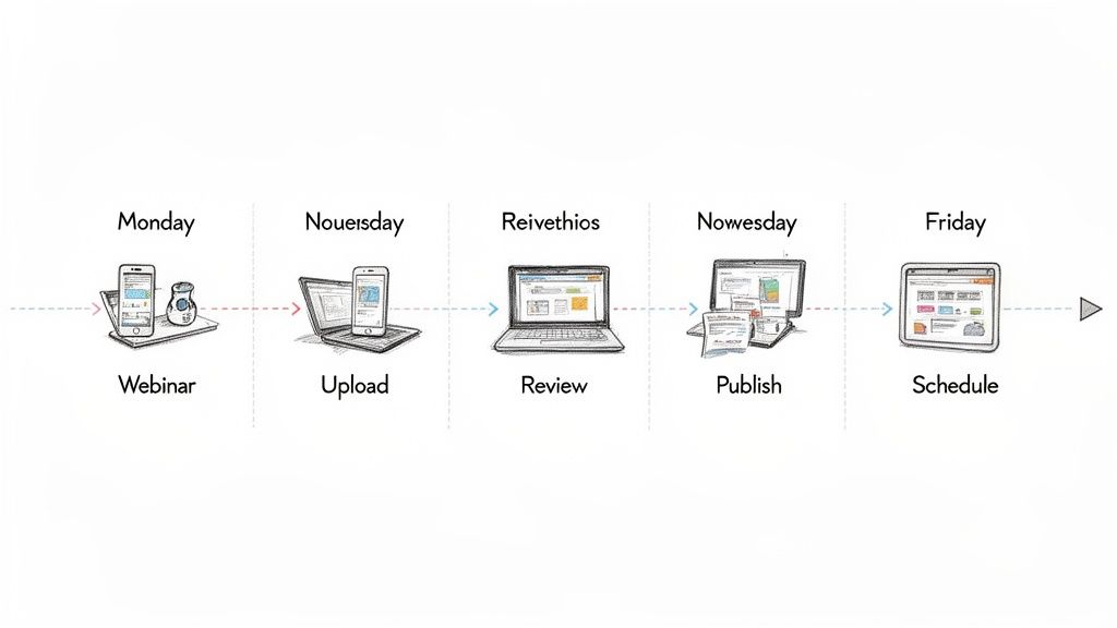 A five-step digital content workflow timeline showing activities like Webinar, Upload, Review, Publish, and Schedule from Monday to Friday.