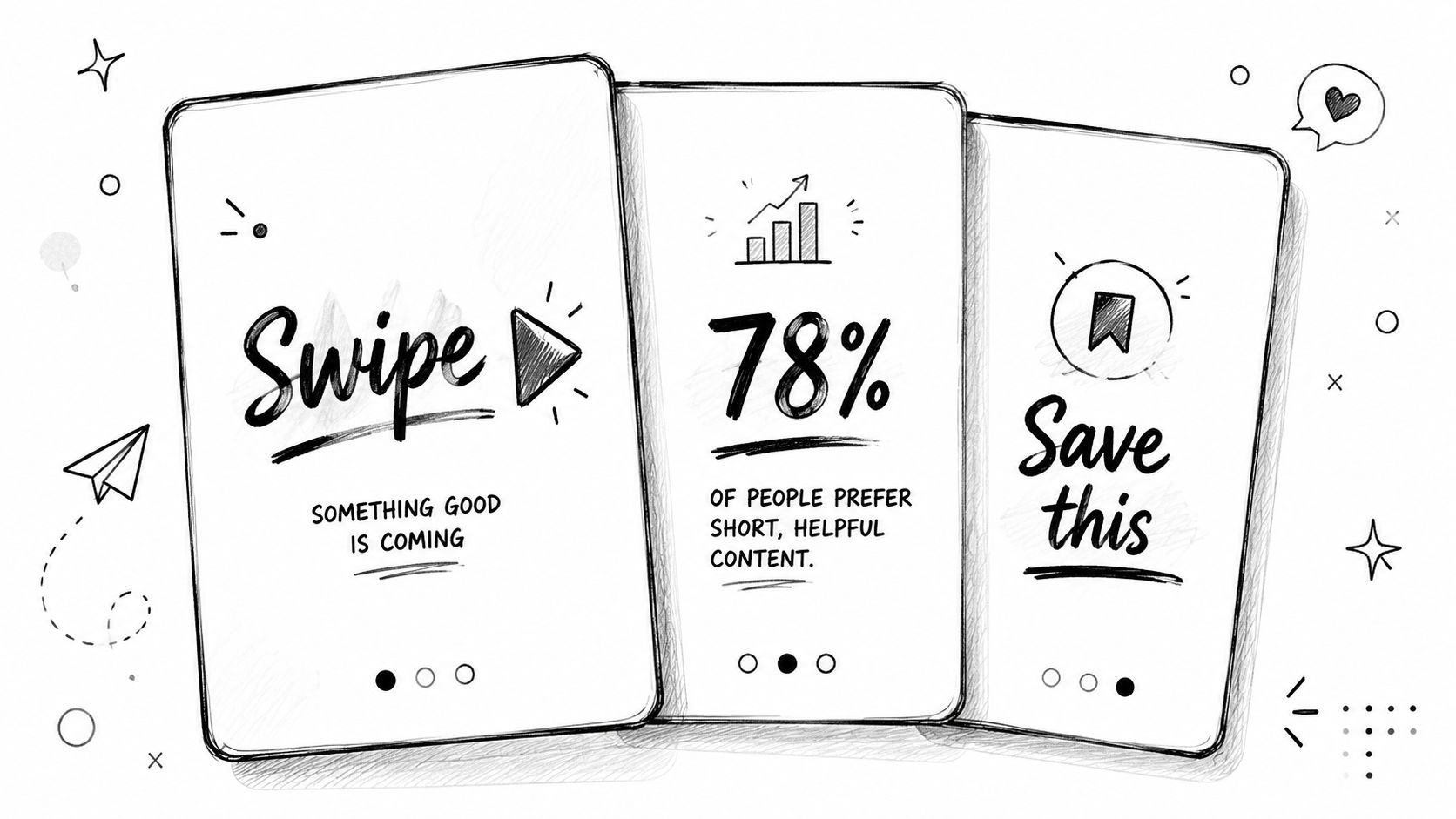A hand-drawn sketch of three social media carousel slide layouts with icons and text.