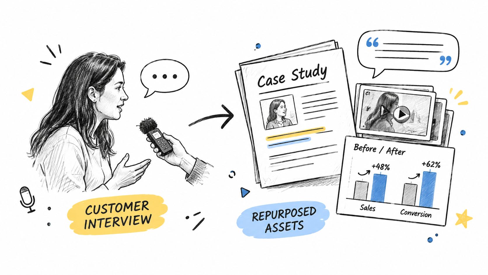 A hand-drawn illustration showing a customer interview being converted into various marketing case study and social media assets.