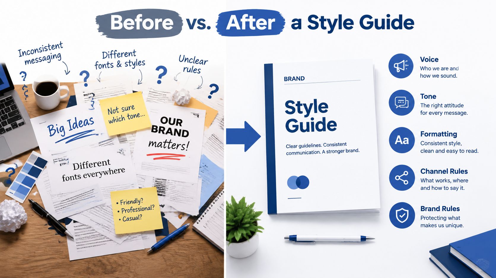 A comparison showing a messy desk with disorganized branding versus a clean, organized professional style guide book.