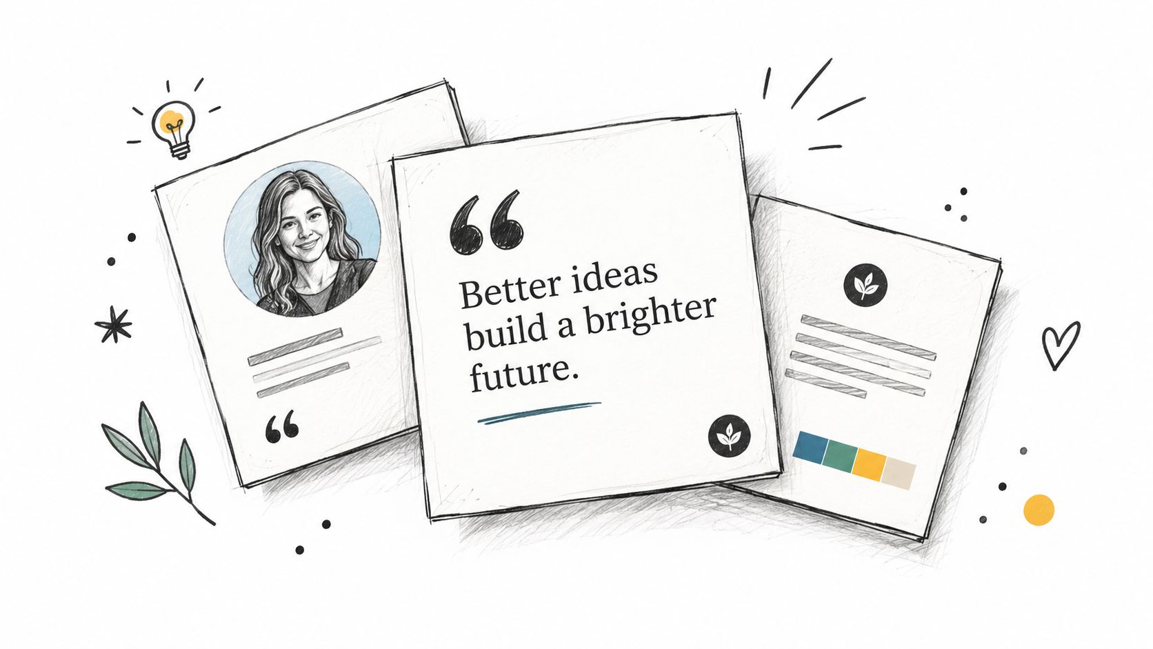 A hand-drawn style illustration featuring a quote, a professional portrait, and a color palette swatch.