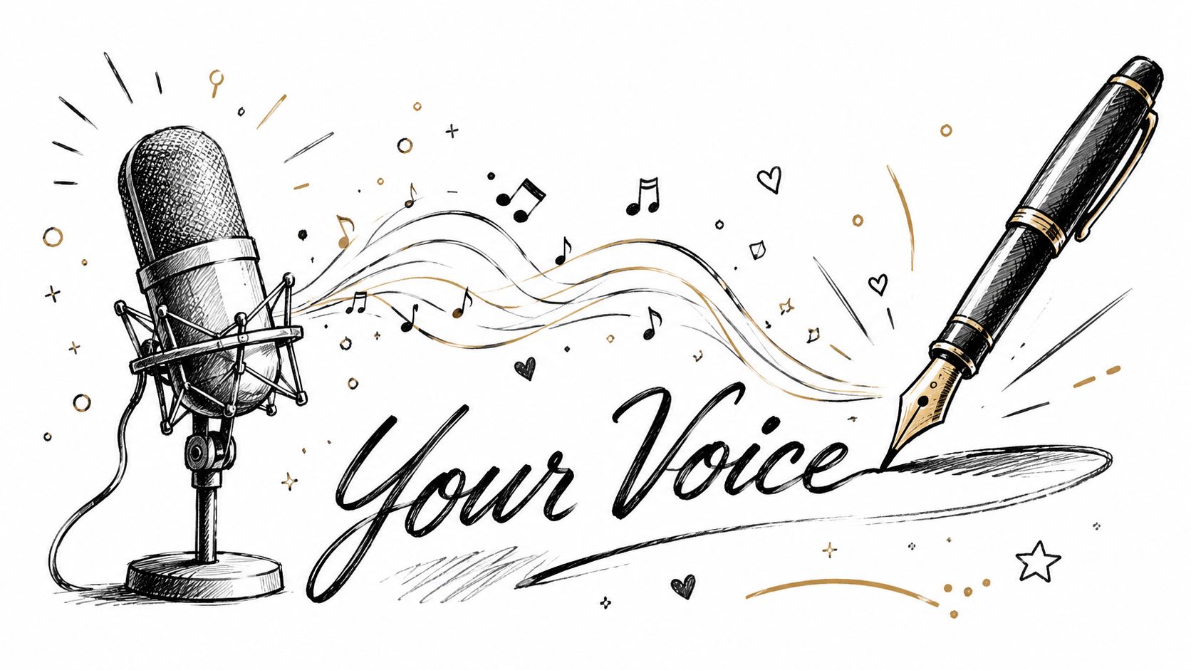 A hand-drawn illustration showing a vintage microphone and a fountain pen, symbolizing podcasting and creative writing.