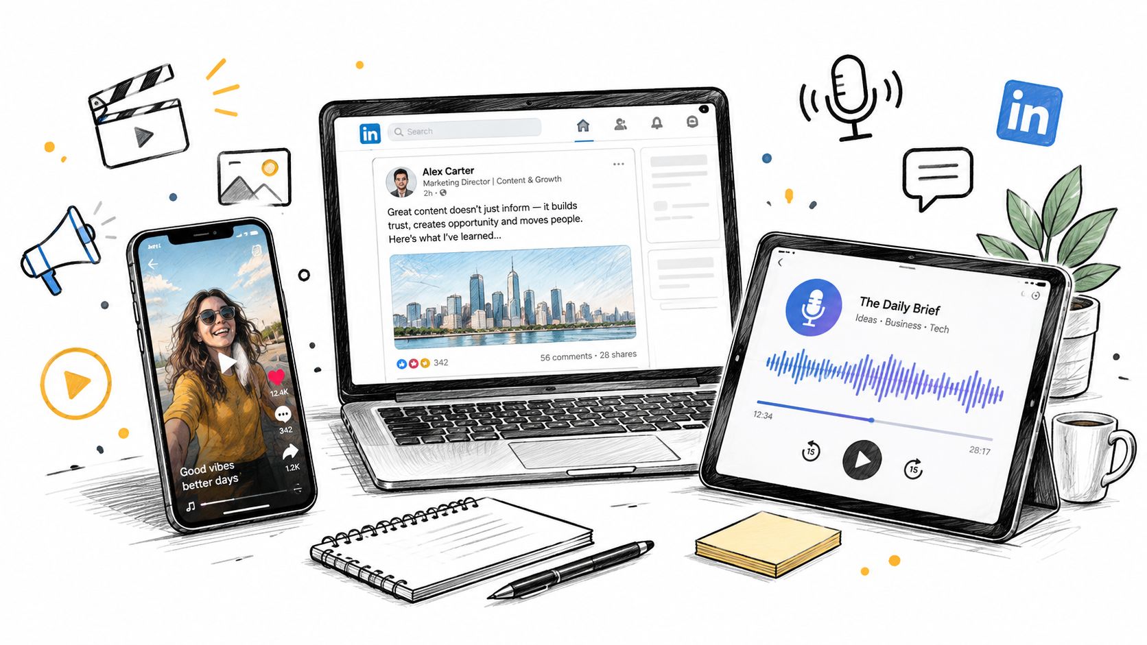 A digital illustration showing a laptop, tablet, and smartphone displaying various digital content creation tools and media.