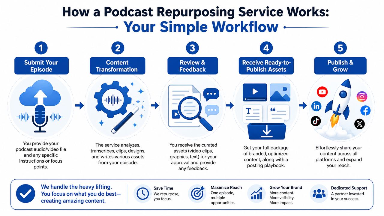 A five-step infographic explaining the workflow of a professional podcast repurposing service for content creators.