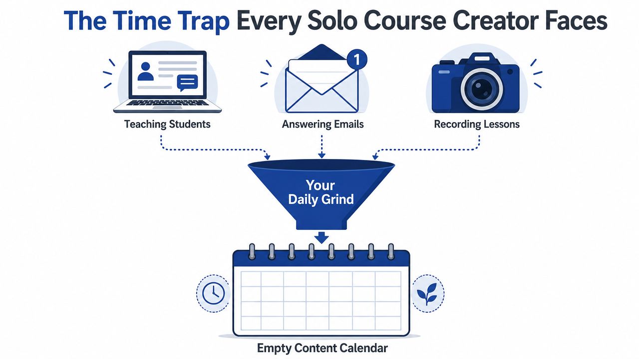 A diagram illustrating how teaching, emails, and recording lessons consume a solo course creator's daily schedule.