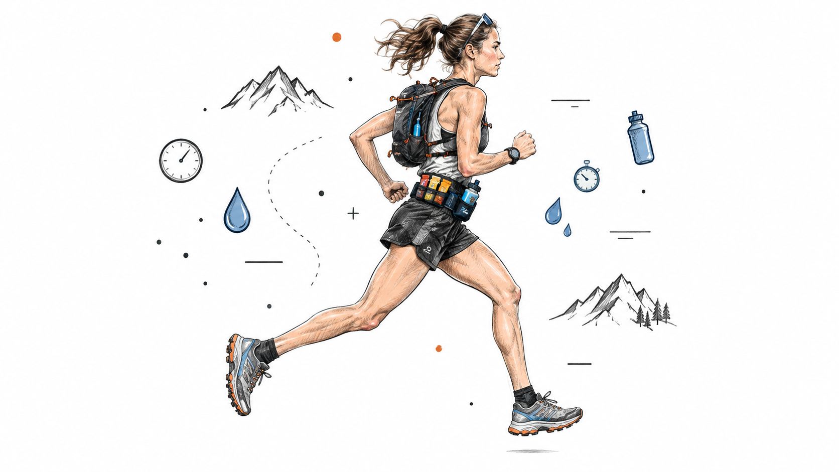 Une femme athlétique courant en montagne, équipée d'un sac à dos et de ravitaillement pour ultra-trail.