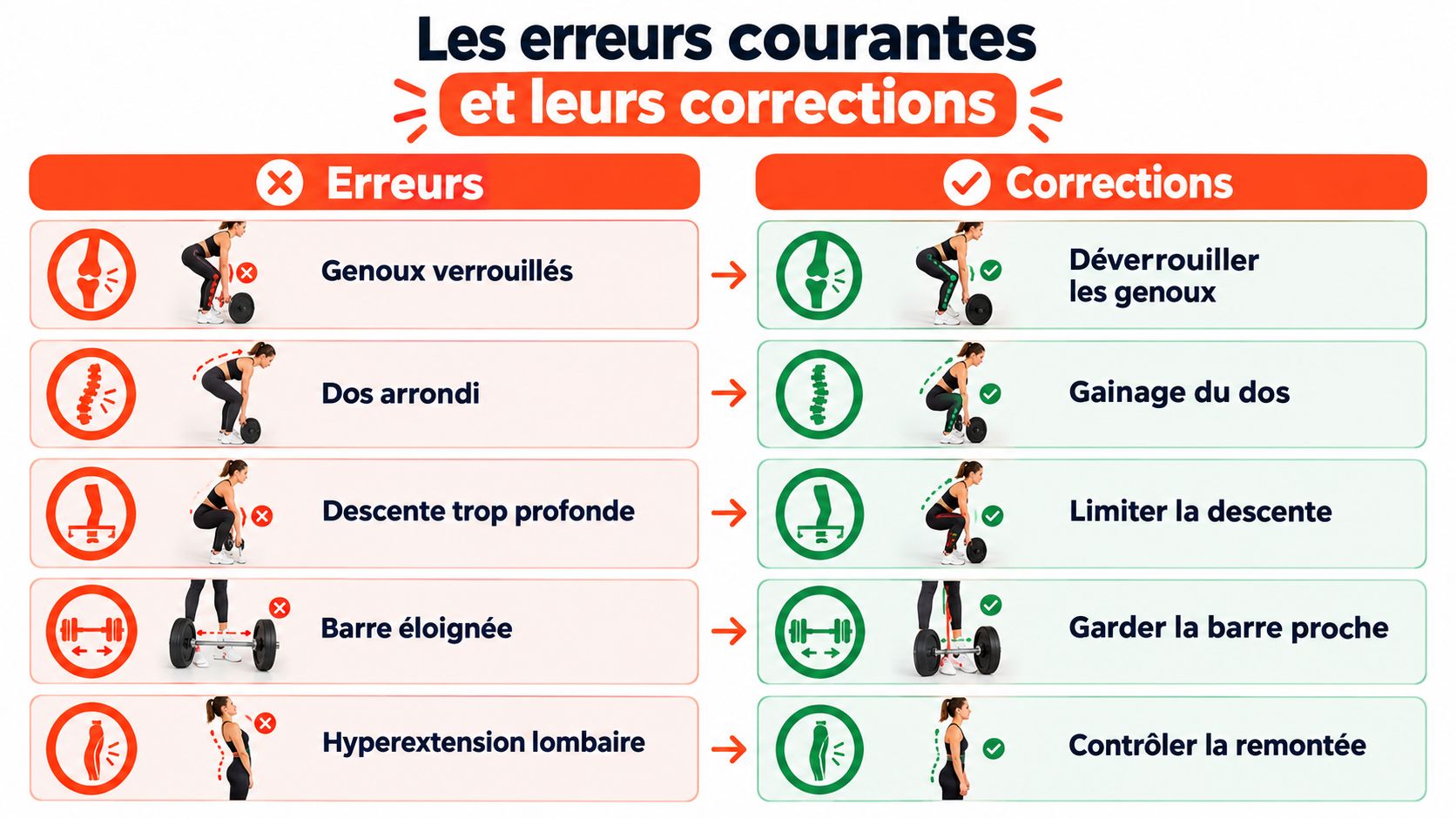 Infographie illustrant les erreurs fréquentes et leurs corrections lors de l'exercice du soulevé de terre jambes tendues.