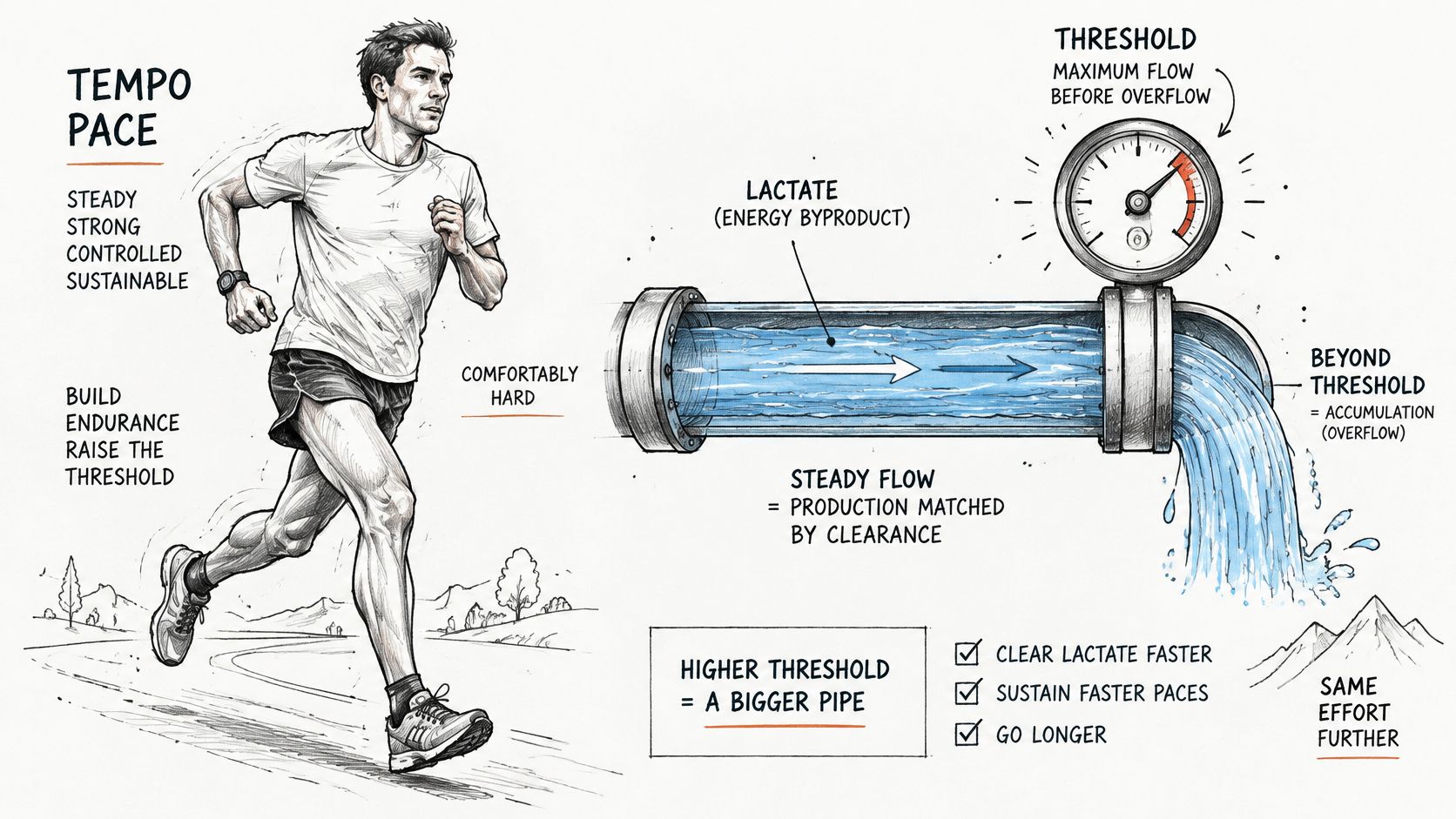 Illustration expliquant la corrélation entre la course à pied en rythme tempo et le seuil de lactate physiologique.