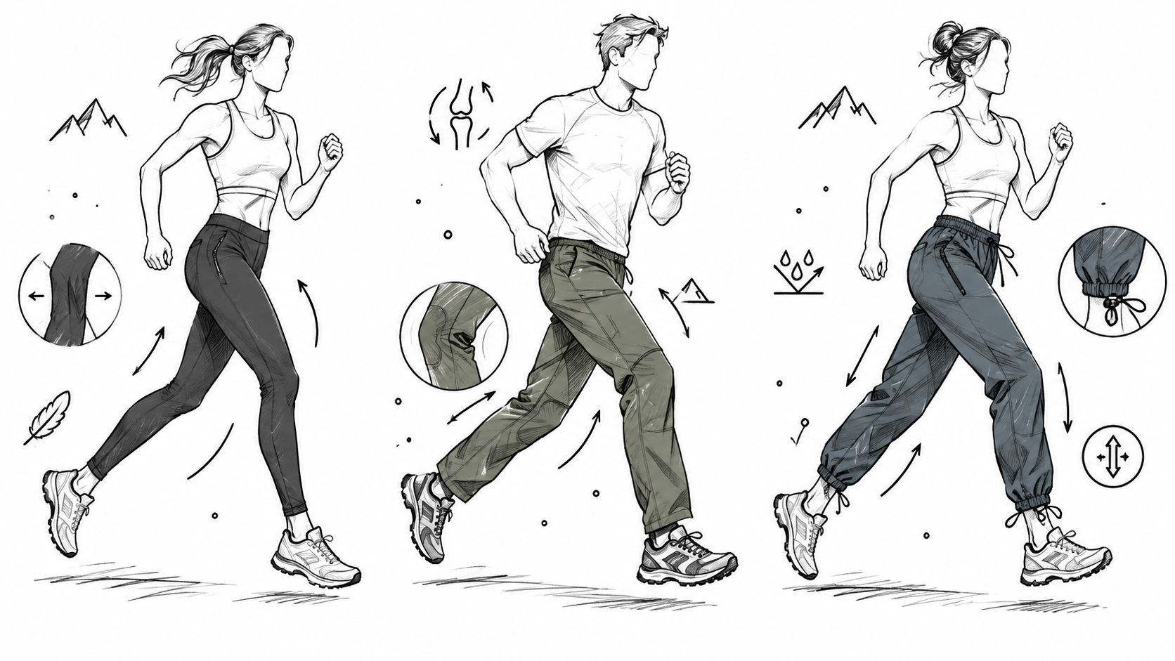 Trois personnes courant avec des vêtements de sport techniques, mettant en avant la flexibilité et l'imperméabilité.