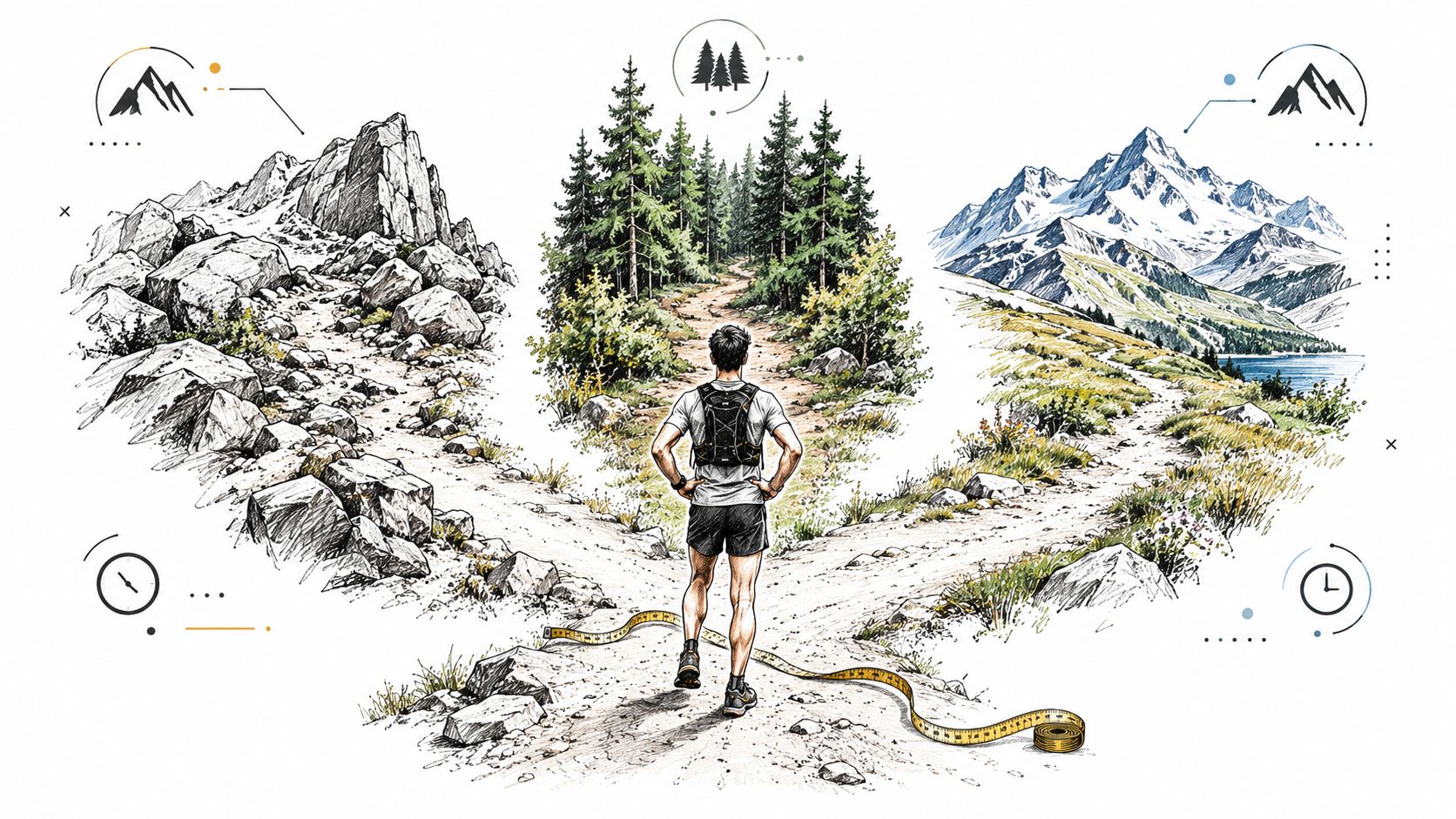 Un coureur de trail fait face à un choix entre des chemins de montagne et forestiers illustrés.