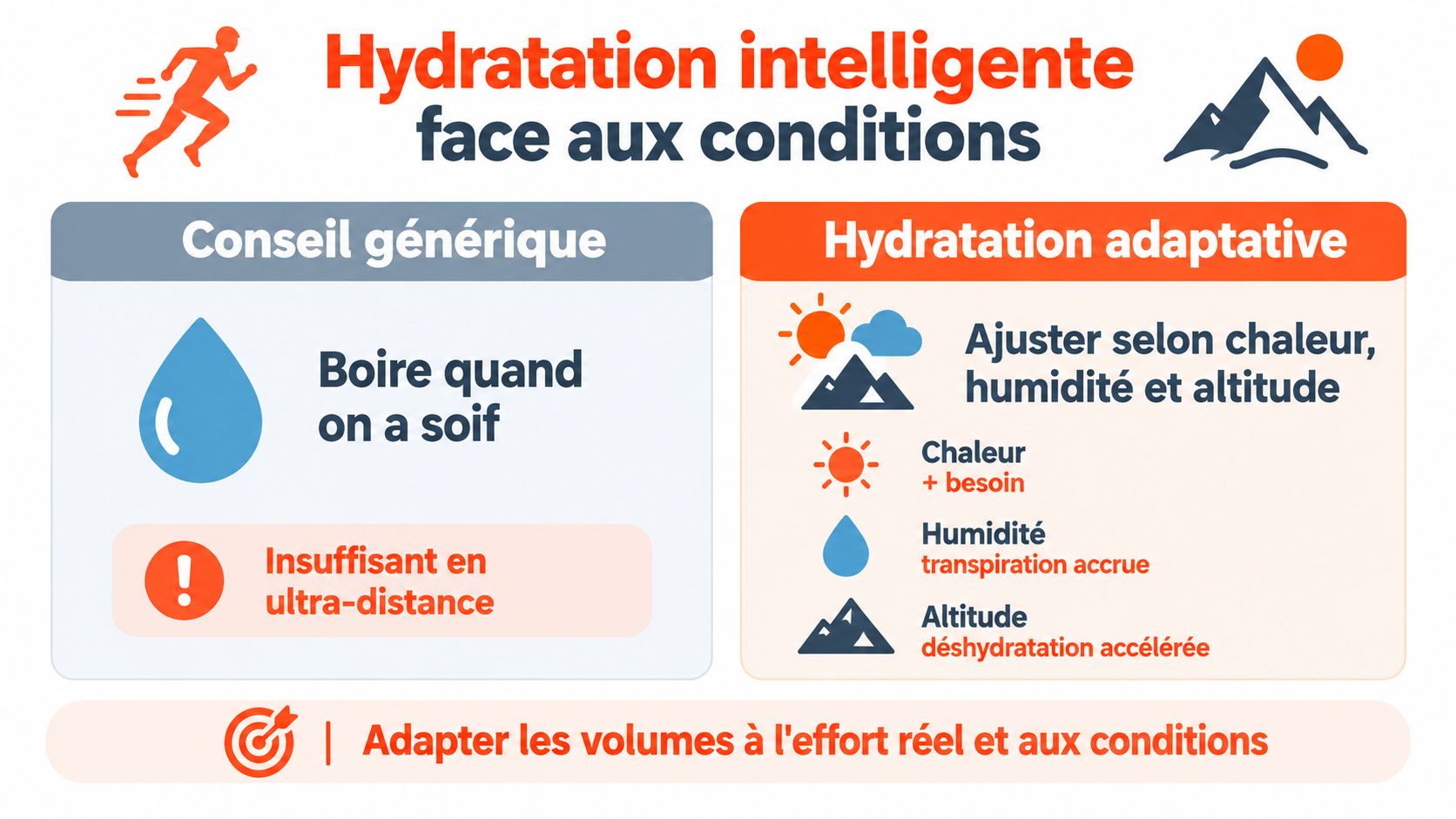 Infographie illustrant les conseils d'hydratation intelligente pour les sportifs d'ultra-distance selon les conditions environnementales.