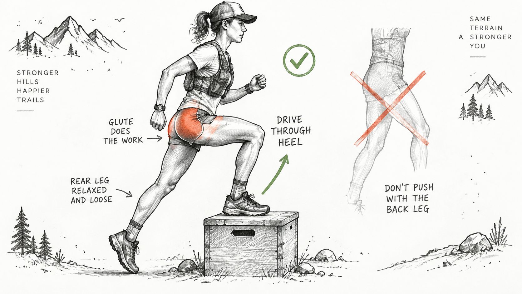 Une illustration montrant la technique correcte de l'exercice step up pour cibler les muscles fessiers efficacement.
