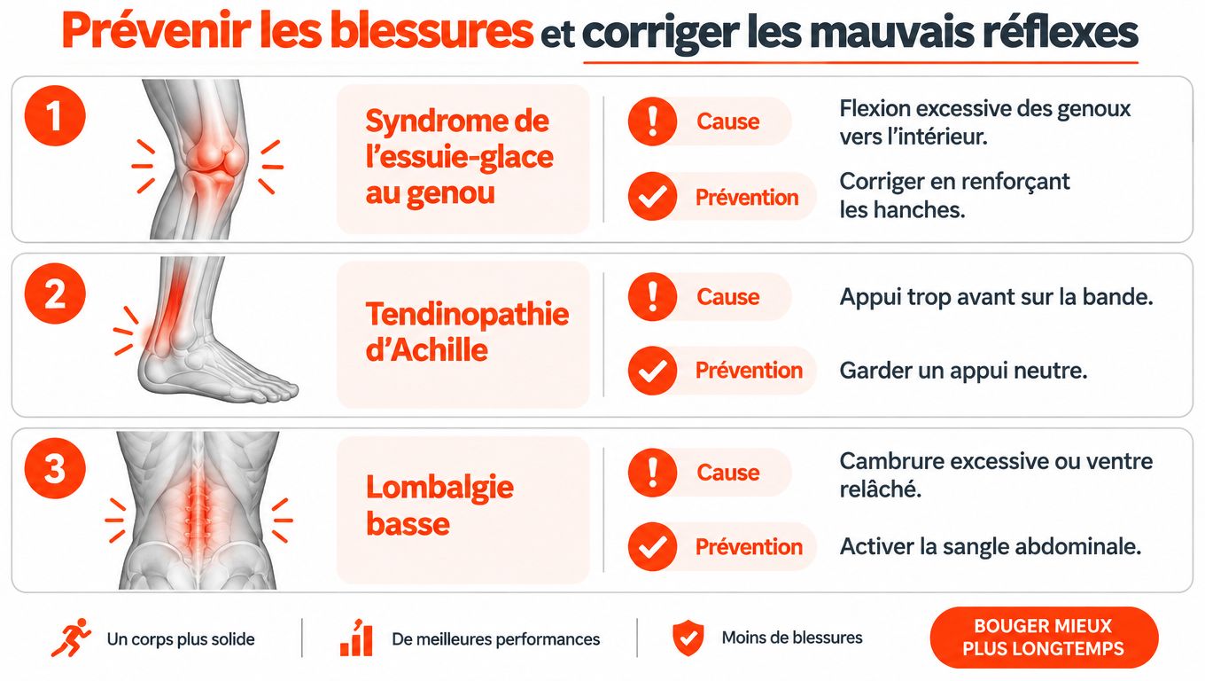 Infographie illustrant trois blessures courantes liées au sport, leurs causes et des conseils pour les prévenir.